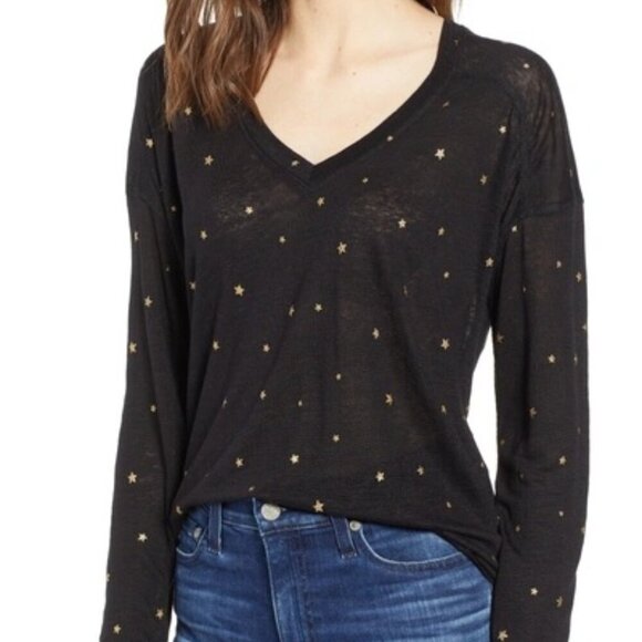 Rails Sami Drop Shoulder V-Neck Linen Blend Tee In Black Gold Foil Star M - Picture 1 of 11